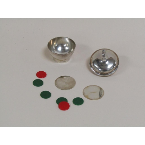 1637 - ASPREY SILVER SPINNING TOP, DICE POT AND MARKERS AND A DICE SHAKER