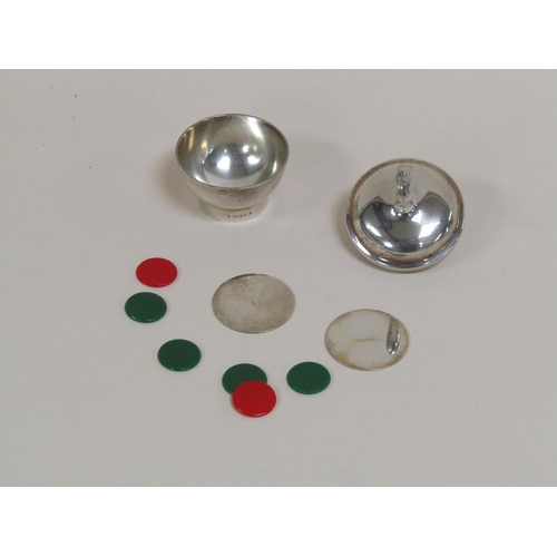 1637 - ASPREY SILVER SPINNING TOP, DICE POT AND MARKERS AND A DICE SHAKER
