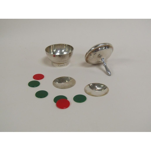 1637 - ASPREY SILVER SPINNING TOP, DICE POT AND MARKERS AND A DICE SHAKER