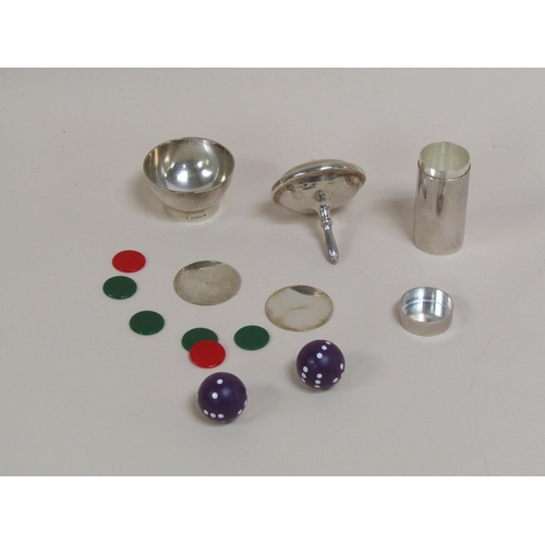 1637 - ASPREY SILVER SPINNING TOP, DICE POT AND MARKERS AND A DICE SHAKER