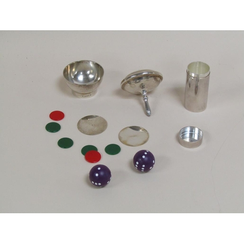 1637 - ASPREY SILVER SPINNING TOP, DICE POT AND MARKERS AND A DICE SHAKER