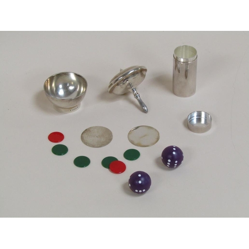 1637 - ASPREY SILVER SPINNING TOP, DICE POT AND MARKERS AND A DICE SHAKER