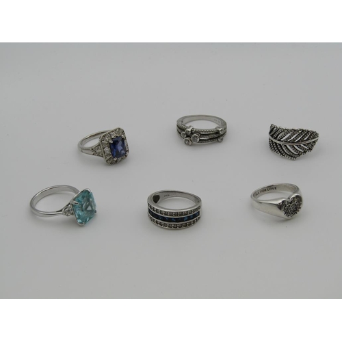 1650 - SIX SILVER RINGS TO INC. GEM SET AND PANDORA
