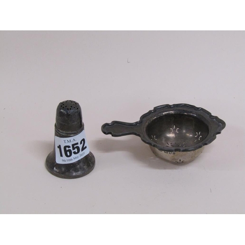 1652 - SILVER TEA STRAINER AND A SILVER CASED PEPPER