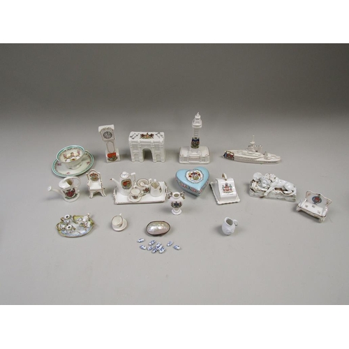 1955 - COLLECTION OF MINIATURE TEA SETS AND CRESTED WARE, LIGHTHOUSE 16cms H