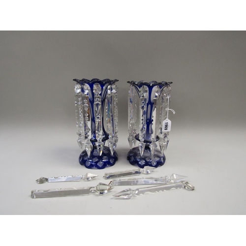 1969 - PAIR OF BOHEMIAN BLUE TABLE LUSTRES, 29cms H