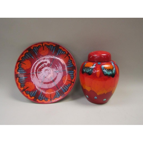 1974 - POOLE POTTERY CHARGER 40cms DIA, GINGER JAR AND COVER (COVER A/F)