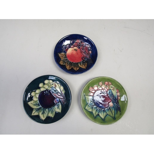 1983 - THREE MOORCROFT FINCHES COASTERS IN SEPARATE COLOURWAYS 12cms DIA