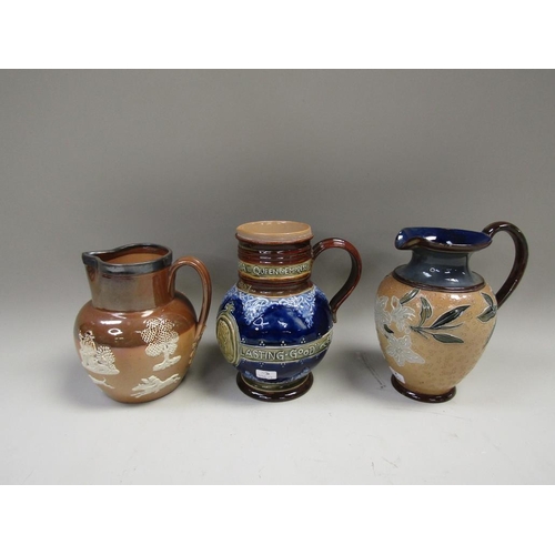 1989 - THREE DOULTON LAMBETH STONEWARE JUGS, 19cms LARGEST