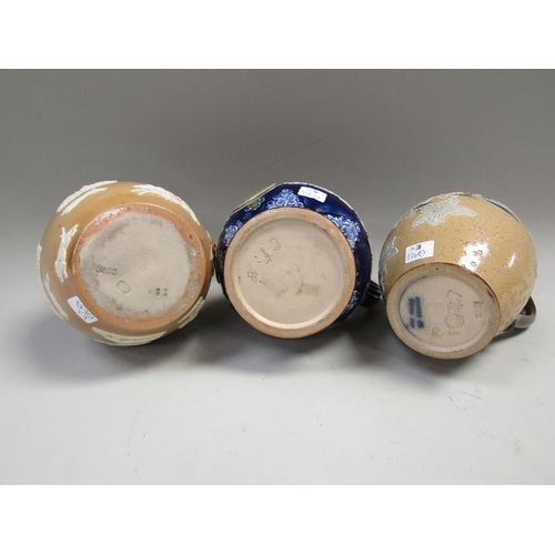 1989 - THREE DOULTON LAMBETH STONEWARE JUGS, 19cms LARGEST