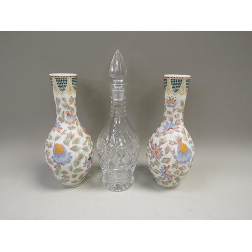 1992 - PAIR OF MOUNT WASHINGTON ENAMELLED VASES (27.5cms H)AND ONE DECANTER