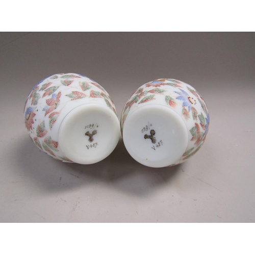 1992 - PAIR OF MOUNT WASHINGTON ENAMELLED VASES (27.5cms H)AND ONE DECANTER