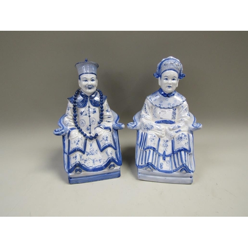 1998 - PAIR OF ORIENTAL BLUE AND WHITE CERAMIC FIGURES 31cms H