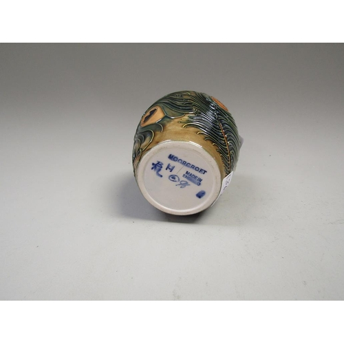 2001A - MOORCROFT PEACOCK FEATHER VASE, MARKED SECOND QUALITY TO BASE 10cms H