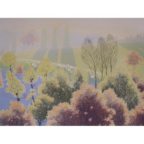 1387 - TWO UNFRAMED COLOURED PRINTS - LANDSCAPE WITH SHEEP & SPRING TIME FLOWERS