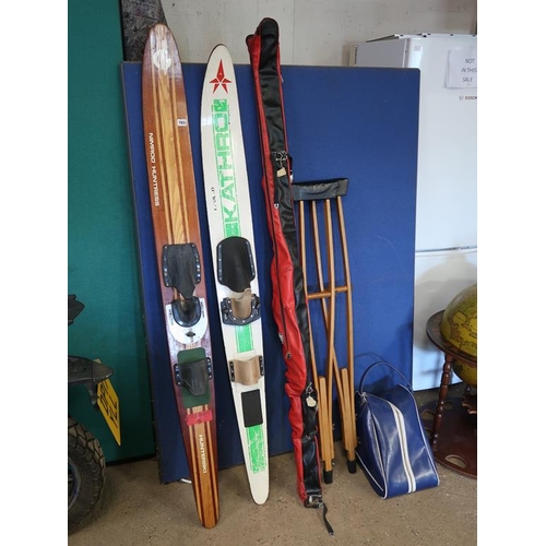 703 - WATERSKIS, CRUTCHES, SKIIS, BOOTS IN BAG