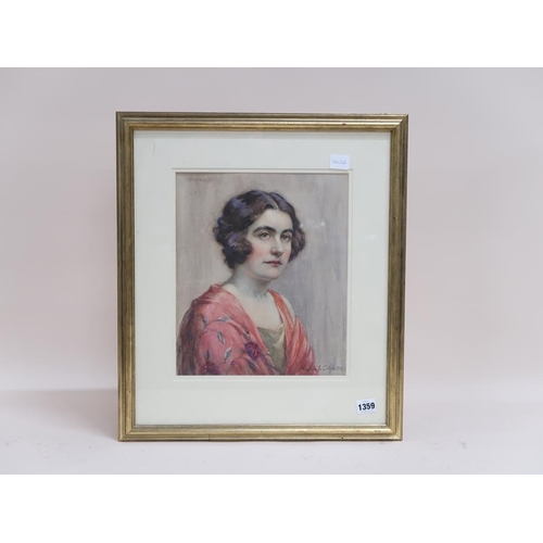 1359 - EVELYN WALTHENITORE - PORTRAIT OF A LADY, SIGNED WATERCOLOUR, F/G, 33CM X 27CM