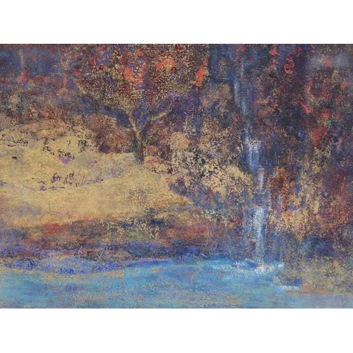 1362 - HEATHER POCOCK - ROWAN WITH WATERFALL, MIXED MEDIA, F/G, 26CM X 26CM