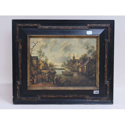 1365 - OELOGRAPH ON PANEL AFTER DUTCH MASTER, A CANAL SCENE, 29CM X 38CM