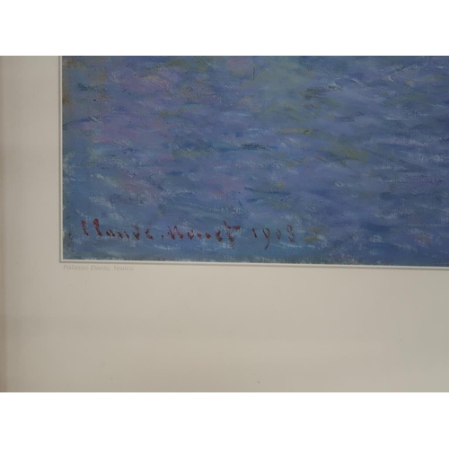 1366 - AFTER MONET 1903 - COLOURED PRINT, VENETIAN WATERWAY, F/G, 54CM X 42CM