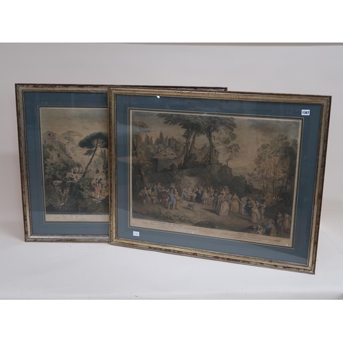 1367 - TWO 19C COLOURED PRINTS - FRENCH VILLAGE SCENES, F/G, EACH 57CM X 72CM