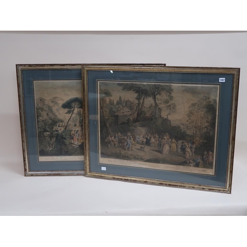 1367 - TWO 19C COLOURED PRINTS - FRENCH VILLAGE SCENES, F/G, EACH 57CM X 72CM