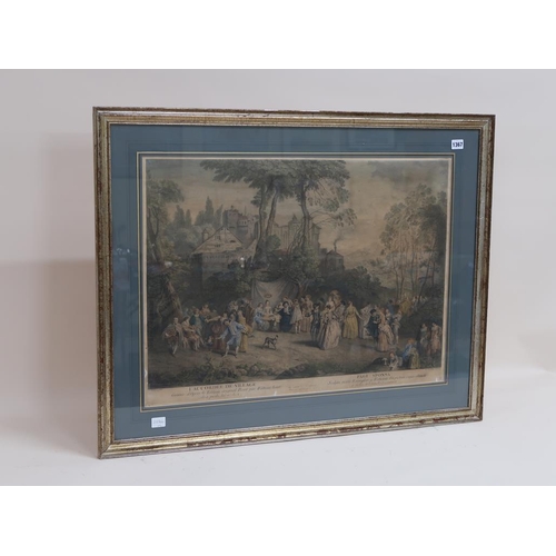 1367 - TWO 19C COLOURED PRINTS - FRENCH VILLAGE SCENES, F/G, EACH 57CM X 72CM