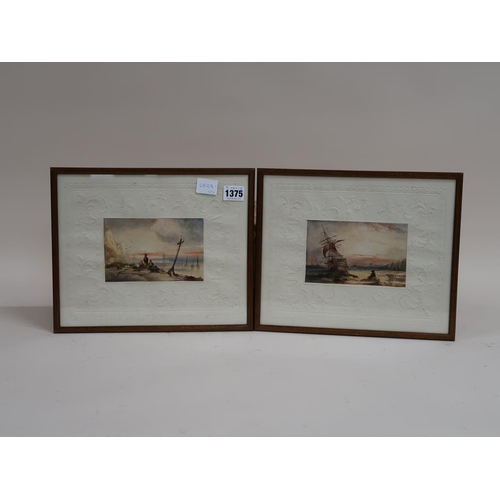 1375 - SIGNED IN MONO - TWO 19C COASTAL SCENES, WATERCOLOURS, EACH F/G, 9CMX 15CM
