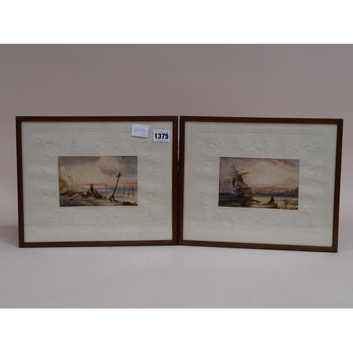 1375 - SIGNED IN MONO - TWO 19C COASTAL SCENES, WATERCOLOURS, EACH F/G, 9CMX 15CM