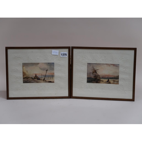 1375 - SIGNED IN MONO - TWO 19C COASTAL SCENES, WATERCOLOURS, EACH F/G, 9CMX 15CM