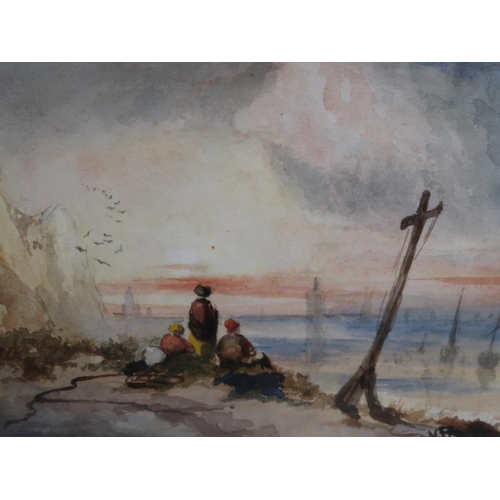 1375 - SIGNED IN MONO - TWO 19C COASTAL SCENES, WATERCOLOURS, EACH F/G, 9CMX 15CM