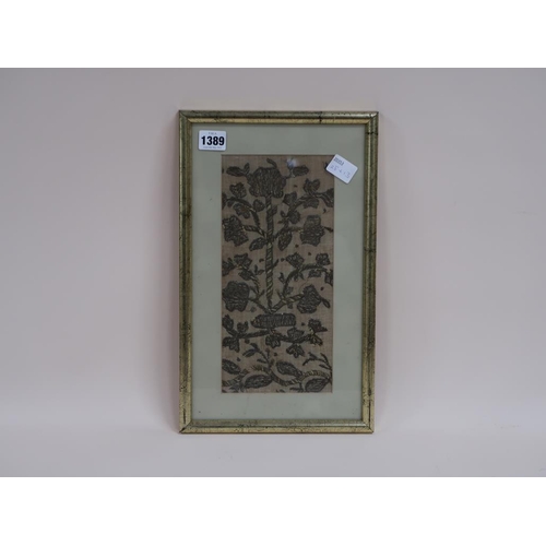 1389 - 18C NEEDLEWORK PANEL, F/G, 28CM X 13CM