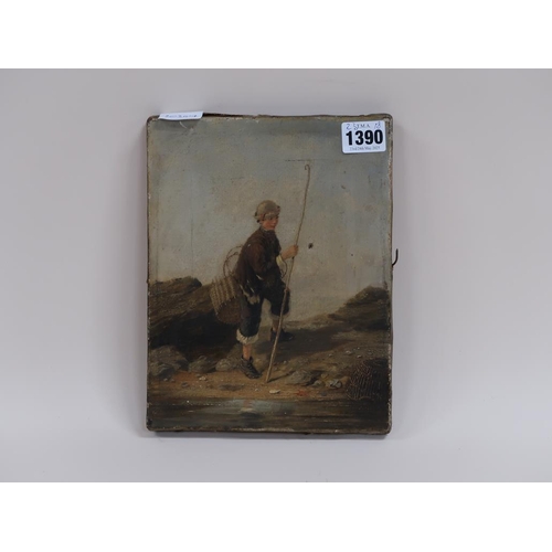 1390 - SIGNED INDISTINCTLY - YOUNG FISHERMAN ON BEACH, OIL ON CANVAS, 23CM X 18CM