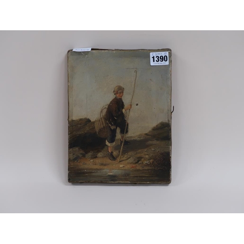 1390 - SIGNED INDISTINCTLY - YOUNG FISHERMAN ON BEACH, OIL ON CANVAS, 23CM X 18CM