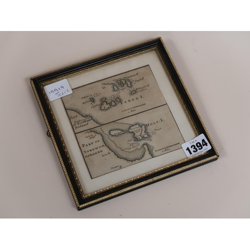 1394 - FRAMED PART MAP OF NORTHUMBERLAND, 12CM X 12CM