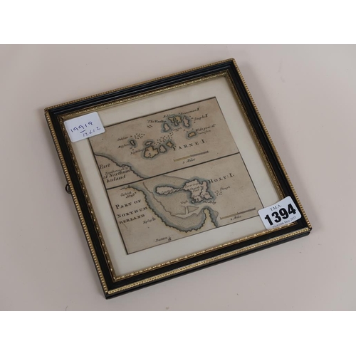 1394 - FRAMED PART MAP OF NORTHUMBERLAND, 12CM X 12CM