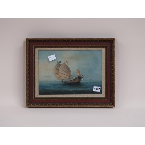 1397 - 19C PAINTING OF CHINESE JUNK, OIL ON CANVAS, 19CM X 28CM