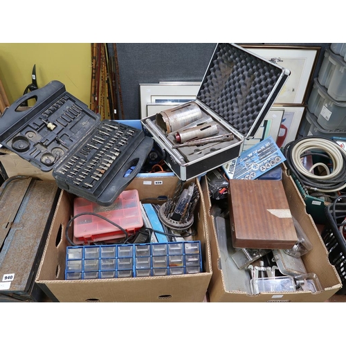 939 - THREE BOXES OF HAND TOOLS, DRILL BITS, ETC