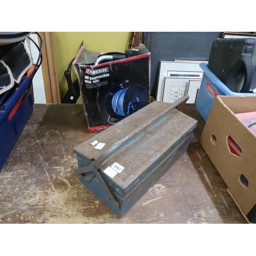 940 - AIR COMPRESSOR HOSE AND A BOX OF TOOLS