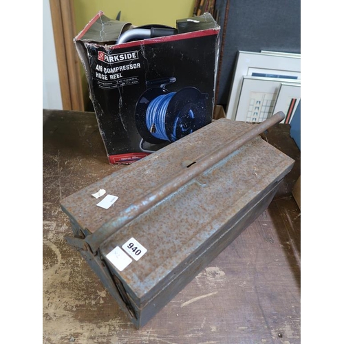 940 - AIR COMPRESSOR HOSE AND A BOX OF TOOLS