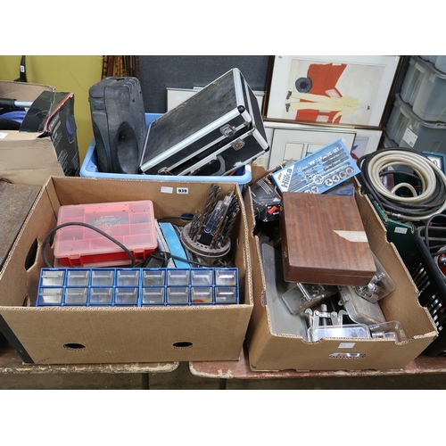 939 - THREE BOXES OF HAND TOOLS, DRILL BITS, ETC