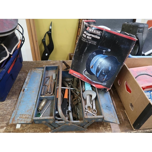 940 - AIR COMPRESSOR HOSE AND A BOX OF TOOLS