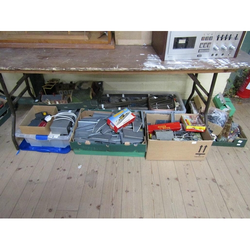 SEVEN BOXES OF MIXED RAILWAY TRACK PLUS STATIONS, POWER BOXES, SCENERY ETC