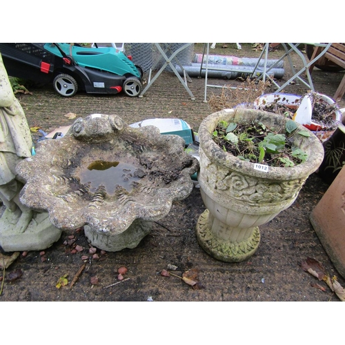 SHELL BIRD BATH AND A STANDING CONCRETE POT