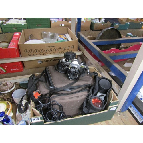 273 - BOX OF CAMERA AND EQUIPMENT, BINOCULARS