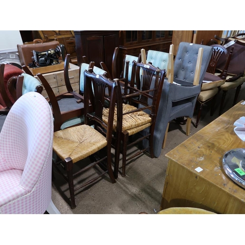 590 - THREE RUSH SEATED CHAIRS AND TWO BUTTON BACKED CHAIRS