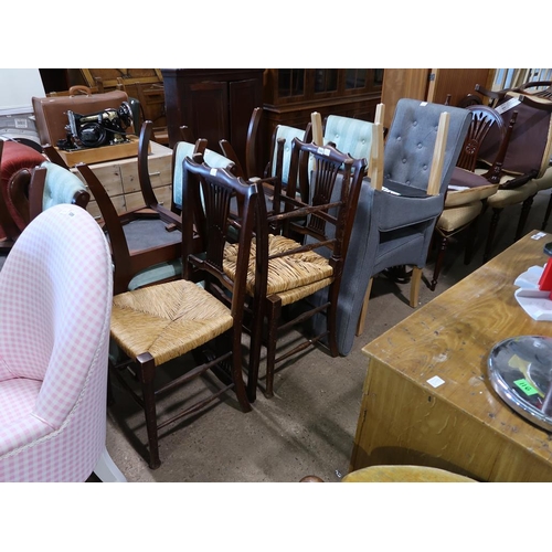 590 - THREE RUSH SEATED CHAIRS AND TWO BUTTON BACKED CHAIRS