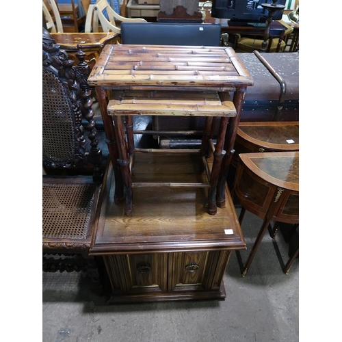 615 - OAK CUPBOARD; NEST OF TABLES