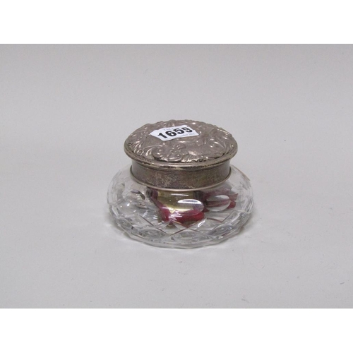 1659 - SILVER TOP CUT GLASS JAR, SILVER NAPKIN RING, ENAMEL BOX AND COVER ETC