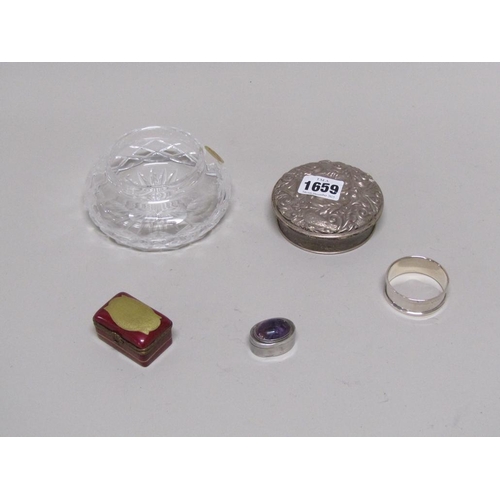 1659 - SILVER TOP CUT GLASS JAR, SILVER NAPKIN RING, ENAMEL BOX AND COVER ETC